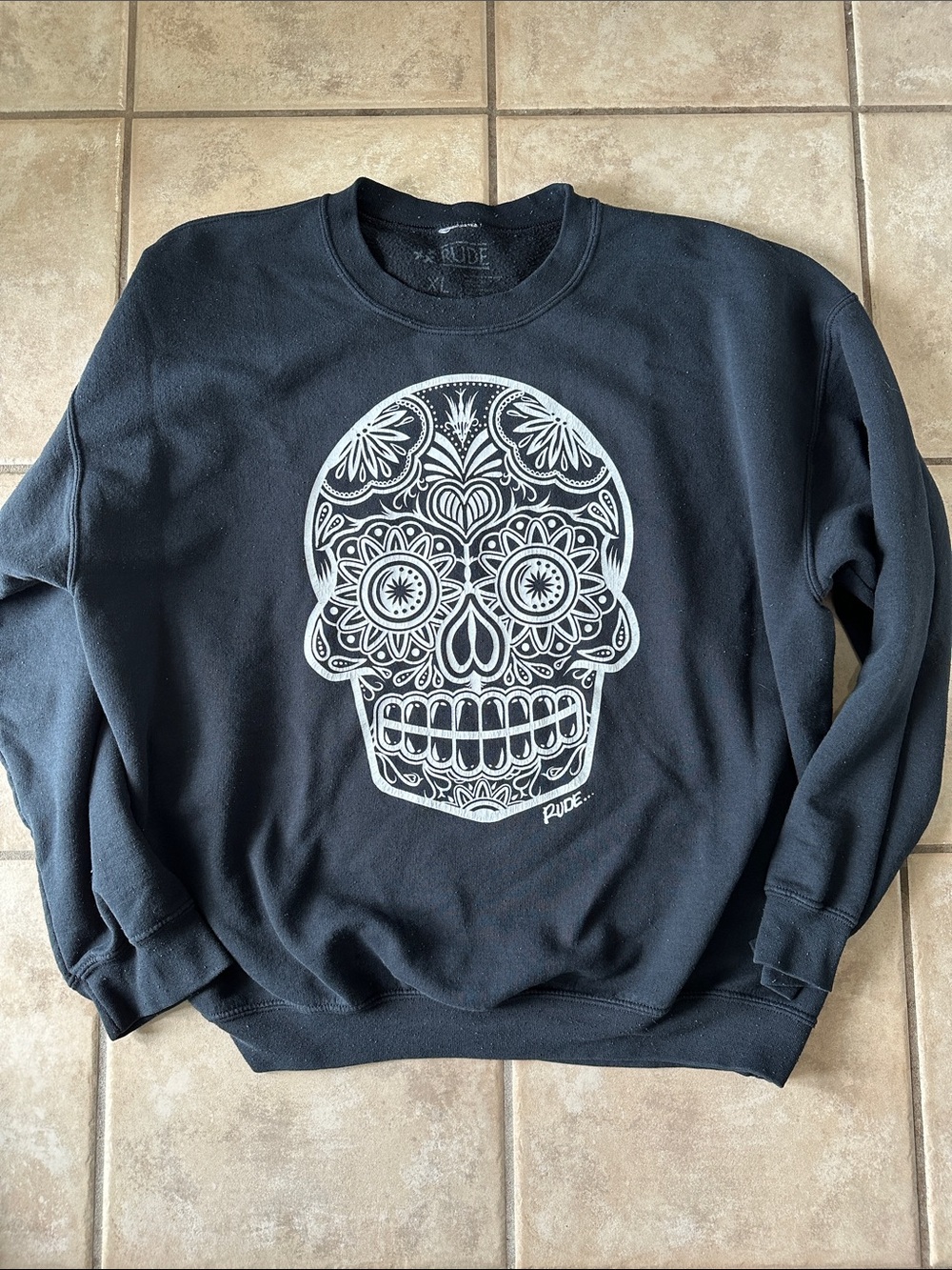 RUDE Black Crewneck with White Sugar Skull Graphic